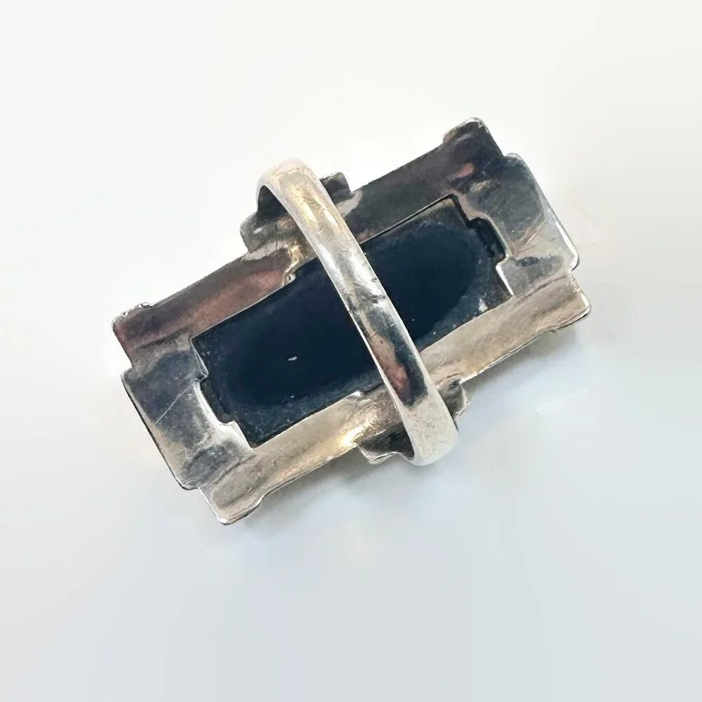 Art Deco Ring, Sterling Silver, Marcasite, Black Stone, Vintage, Antique, Long - Picture 4 of 5